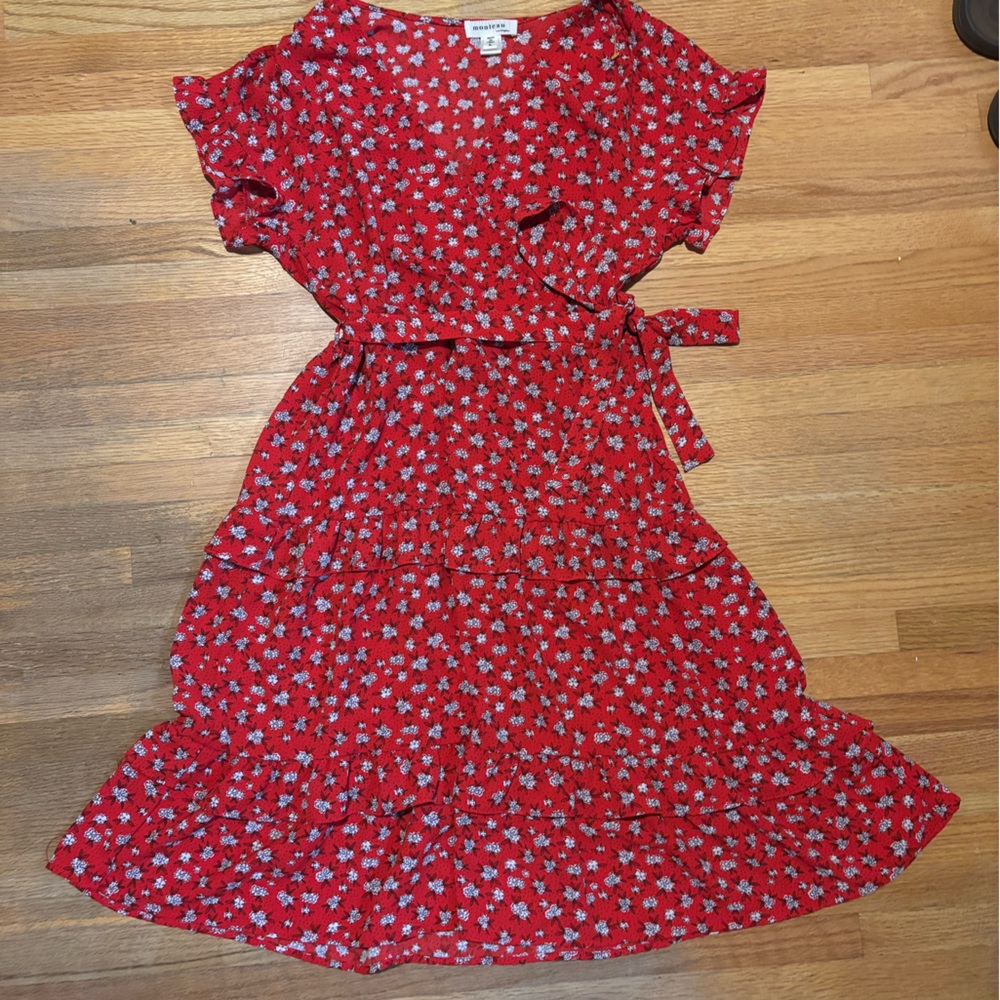 Monteau Red Dress with White Floral Design Size L